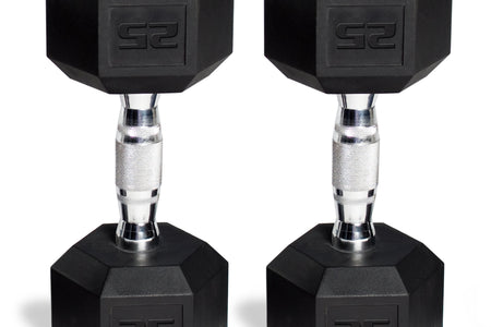 150 Lb. Coated Hex Dumbbell Weight Set, 5-25 Lb. with White Rack